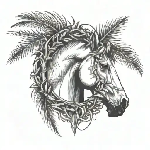 laurel wreath with horse head and palm tree inside  tattoo design idea