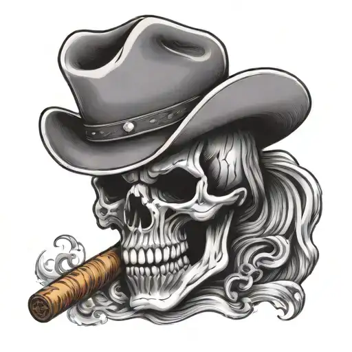 skull with cowboy hat smoking cigar tattoo design idea