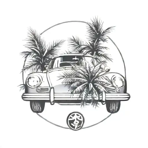 Laurel wreath with porsche inside and palm trees around tattoo design idea