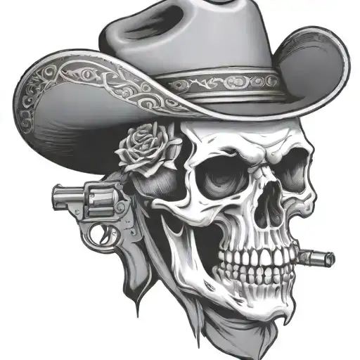 skull with a cowboy hat and bandana and pistol tattoo design idea