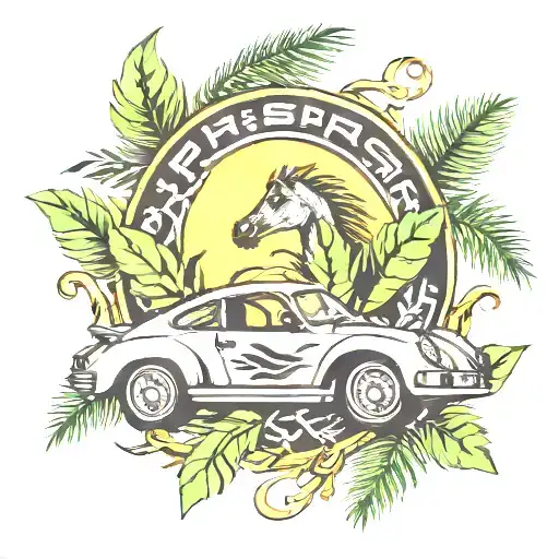 laurel wreath with porsche horse and palm tree inside  tattoo design idea