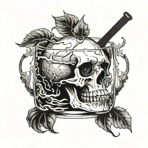 skull drowned in the glass of alcoholic drink tattoo design idea