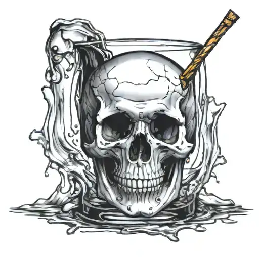 skull drowned in the glass full of whiskey tattoo design idea