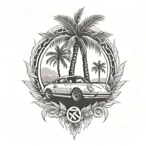laurel wreath, porsche, palm tree, eye tattoo design idea