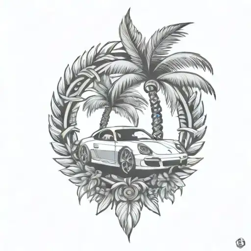 laurel wreath, porsche, palm tree tattoo design idea