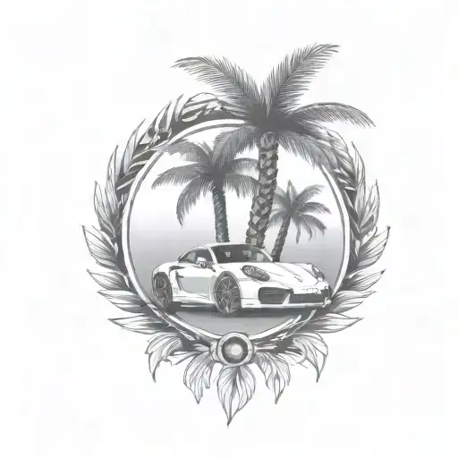 laurel wreath, porsche, palm tree tattoo design idea