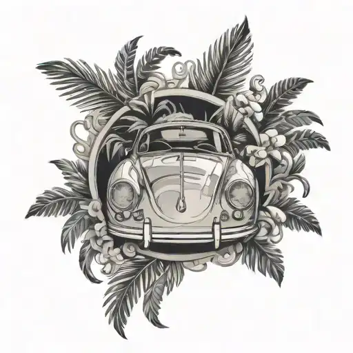 porsche in laurel wreath and palm trees around it tattoo design idea