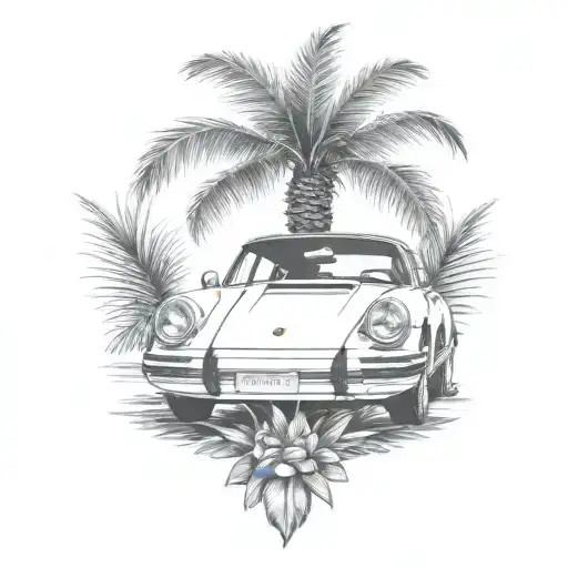 laurel wreath, porsche, palm tree tattoo design idea