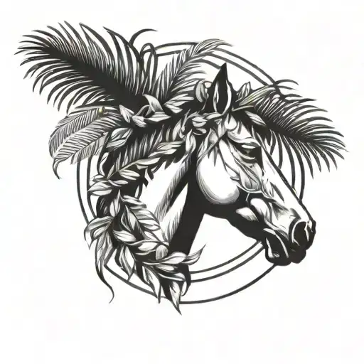 laurel wreath with horse head and palm tree inside  tattoo design idea