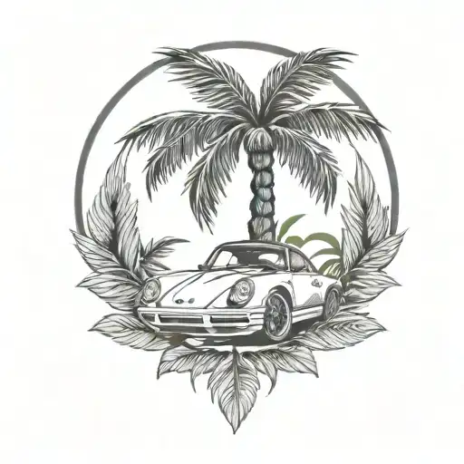laurel wreath, porsche, palm tree tattoo design idea