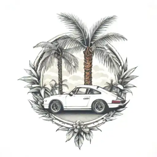 laurel wreath, porsche, palm tree tattoo design idea