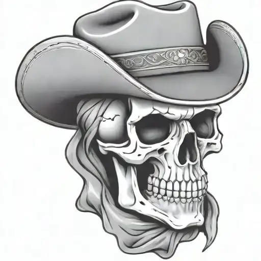 skull with a cowboy hat and bandana and pistol tattoo design idea