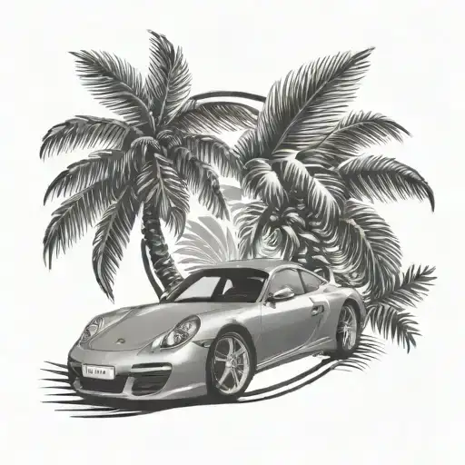 porsche, laurel wreath, palm tree tattoo design idea