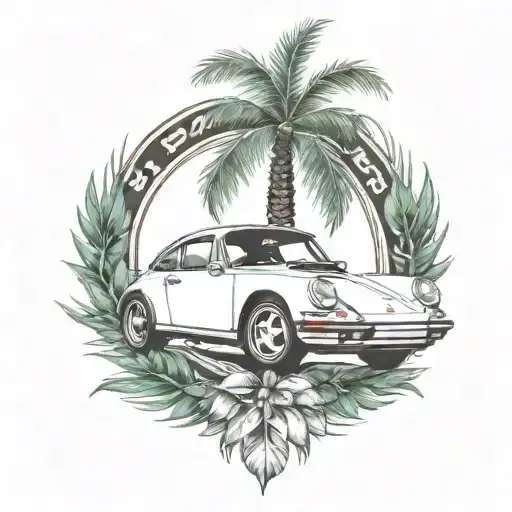 laurel wreath, porsche, palm tree tattoo design idea