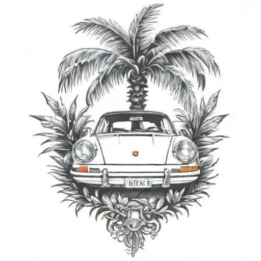 laurel wreath, porsche, palm tree tattoo design idea