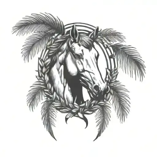 laurel wreath with horse head and palm tree inside  tattoo design idea