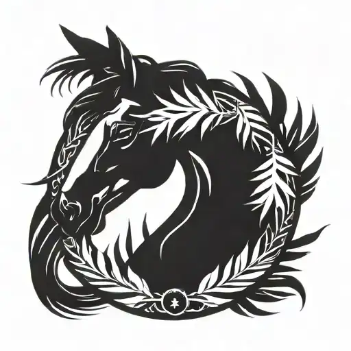 laurel wreath with horse head and palm tree inside  tattoo design idea