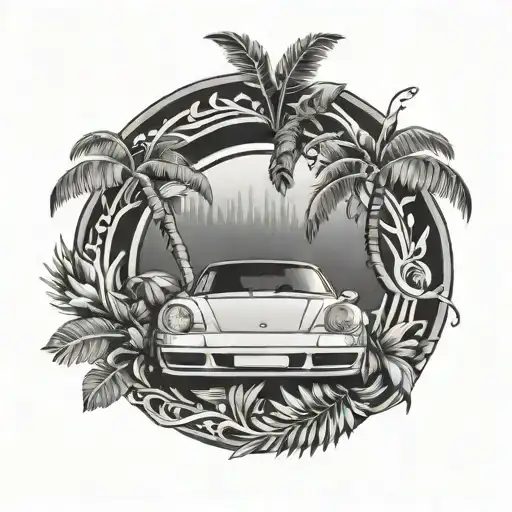 Laurel wreath with porsche inside and palm trees around tattoo design idea