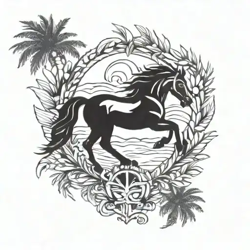laurel wreath with porsche logo horse and palm tree inside  tattoo design idea