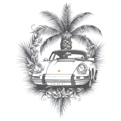 laurel wreath, porsche, palm tree tattoo design idea