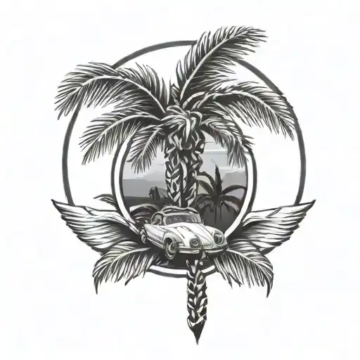 laurel wreath, porsche, palm tree tattoo design idea