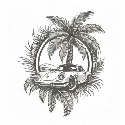 laurel wreath, porsche, palm tree tattoo design idea