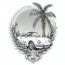 laurel wreath, porsche, palm tree tattoo design idea