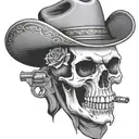 skull with a cowboy hat and bandana and pistol tattoo design idea