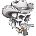 skull with a cowboy hat and bandana and pistol tattoo design idea