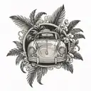 porsche in laurel wreath and palm trees around it tattoo design idea