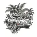 porsche in laurel wreath and palm trees around it tattoo design idea