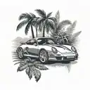 porsche in laurel wreath and palm trees around it tattoo design idea