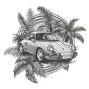 porsche in laurel wreath and palm trees around it tattoo design idea