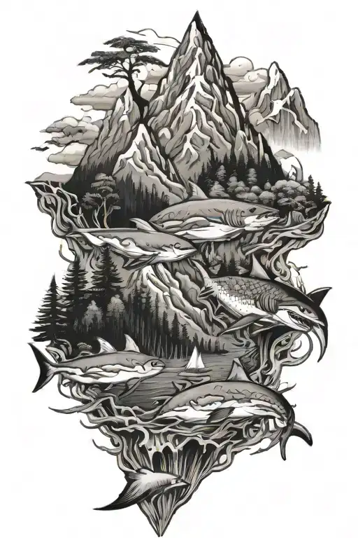 mountains forests vs sea & sharks tattoo design idea