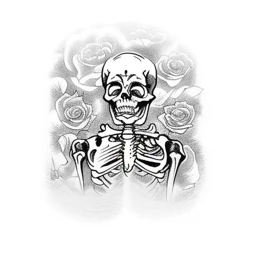 skeleton with a sword sitting a beautiful rose garden with a mountain background landscape tattoo design idea