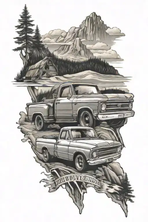 67 Chevy truck driving highway towards the rocky mountains tattoo design idea