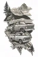 67 Chevy truck driving highway towards the rocky mountains tattoo design idea