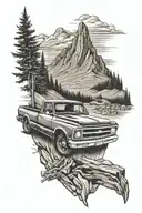 67 Chevy truck driving highway towards the rocky mountains tattoo design idea