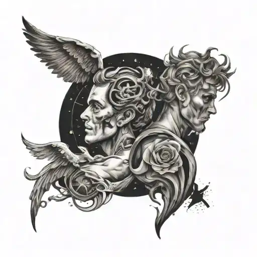 An astrophysics-themed tattoo of a person with a split personality, one side angelic and the other demonic tattoo design idea