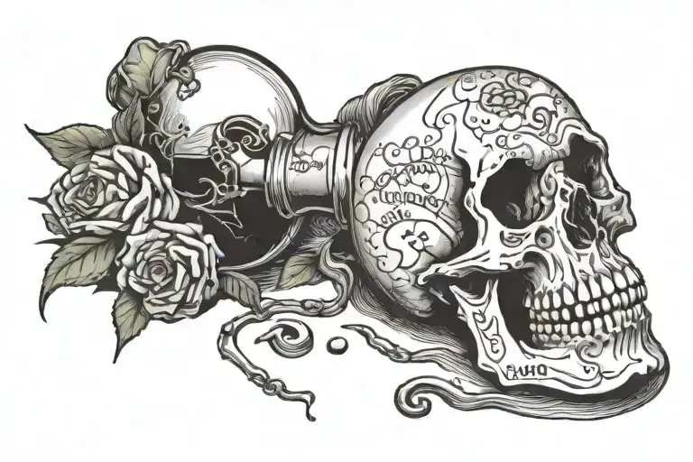 spilled potion bottle with skull stopper. with the words "I'm tryin' the best I can" included tattoo design idea