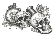 spilled potion bottle with skull stopper. with the words "I'm tryin' the best I can" included tattoo design idea