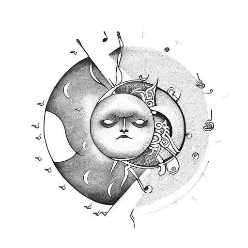 Musical notes intertwined with sun and moon tattoo design idea