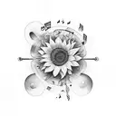 Musical notes intertwined with sunflowers tattoo design idea