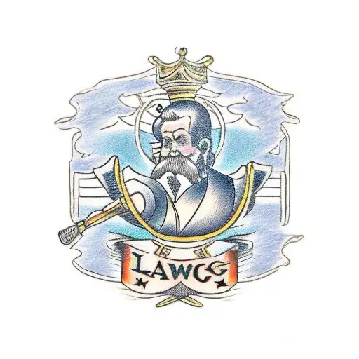 A traditional-style tattoo of a judge's gavel and a stack of law books tattoo design idea