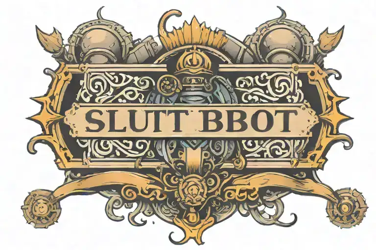 Tattoo of a label (simpel label, a tag) with mechanical or digital stylized borders containing the text "Slutbot", no fa tattoo design idea