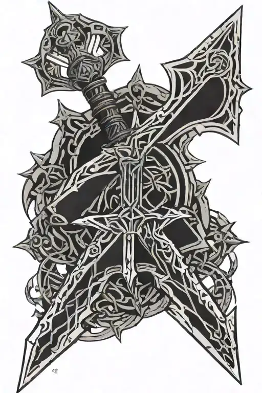 Master Sword with Narsil's hilt in broken pieces reforged with thorns tattoo design idea