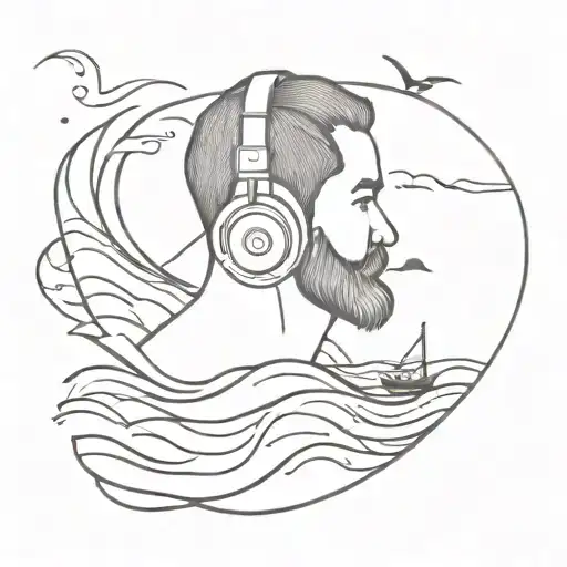 A dotwork tattoo of a seafarer navigating rough waters while listening to music on their headphones, representing the client's occupation and passion for music tattoo design idea