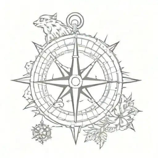 A sketch style tattoo of a compass surrounded by dog and cat paw prints, representing your passion for animals and your occupation as a seafarer tattoo design idea