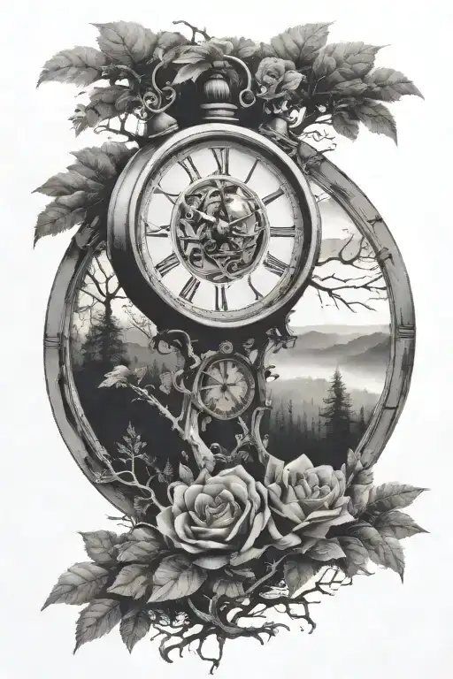 broken clock, dark forest in the background tattoo design idea
