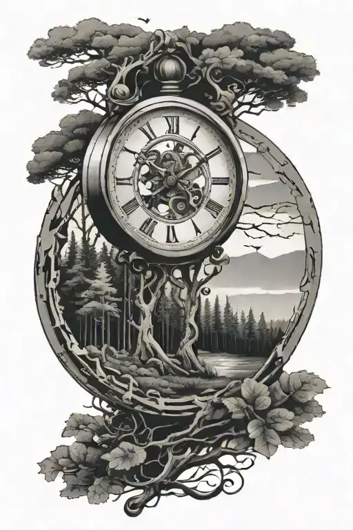 broken clock, forest in the background tattoo design idea